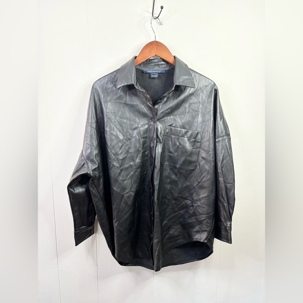 French Connection black faux leather oversized shirt jacket size SM